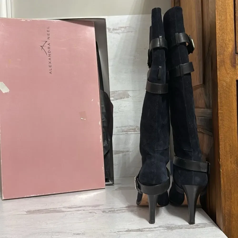 Used Alexandra Neel Navy Suede Boots with strappy detail - Picture 3 of 8